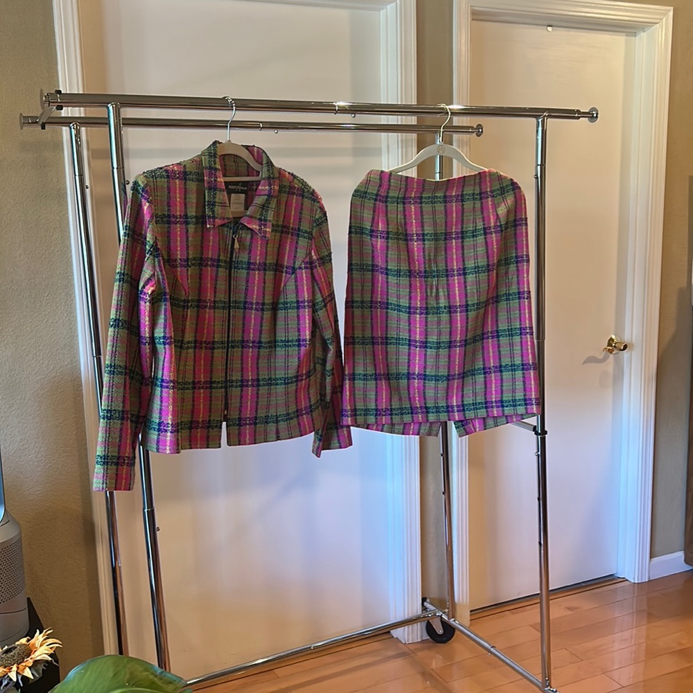 Pink green and navy blue pail suit